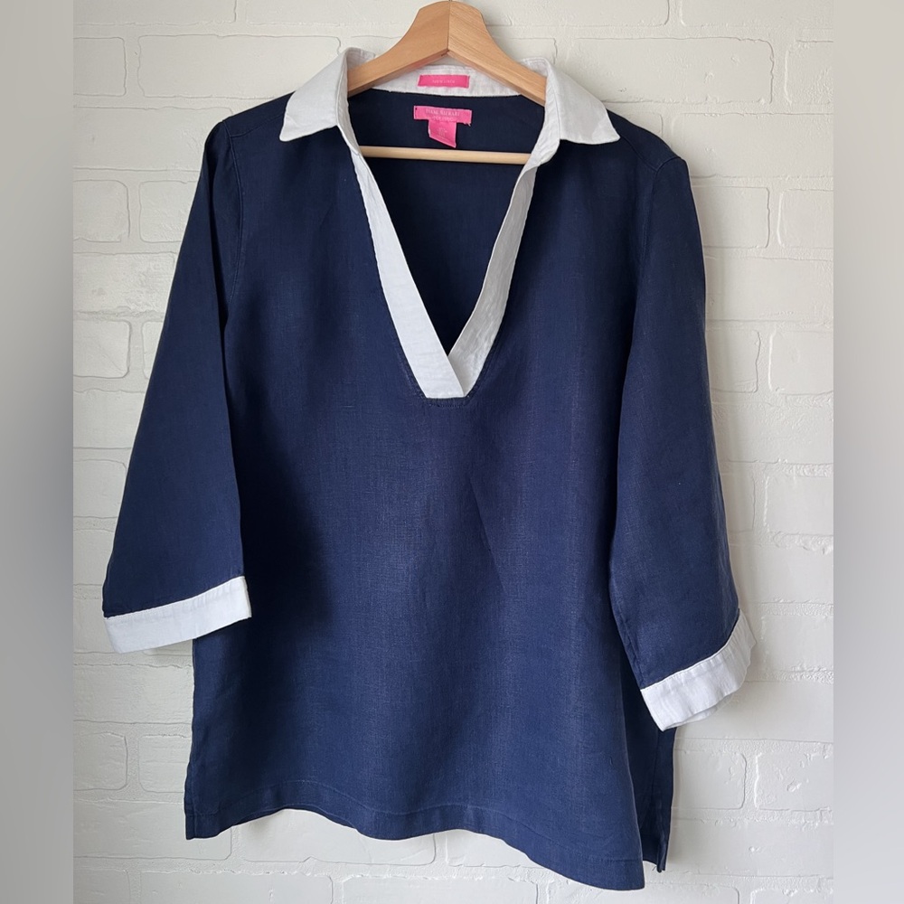 Isaac Mizrahi Navy Blue Linen Tunic, Size L, Excellent Condition
